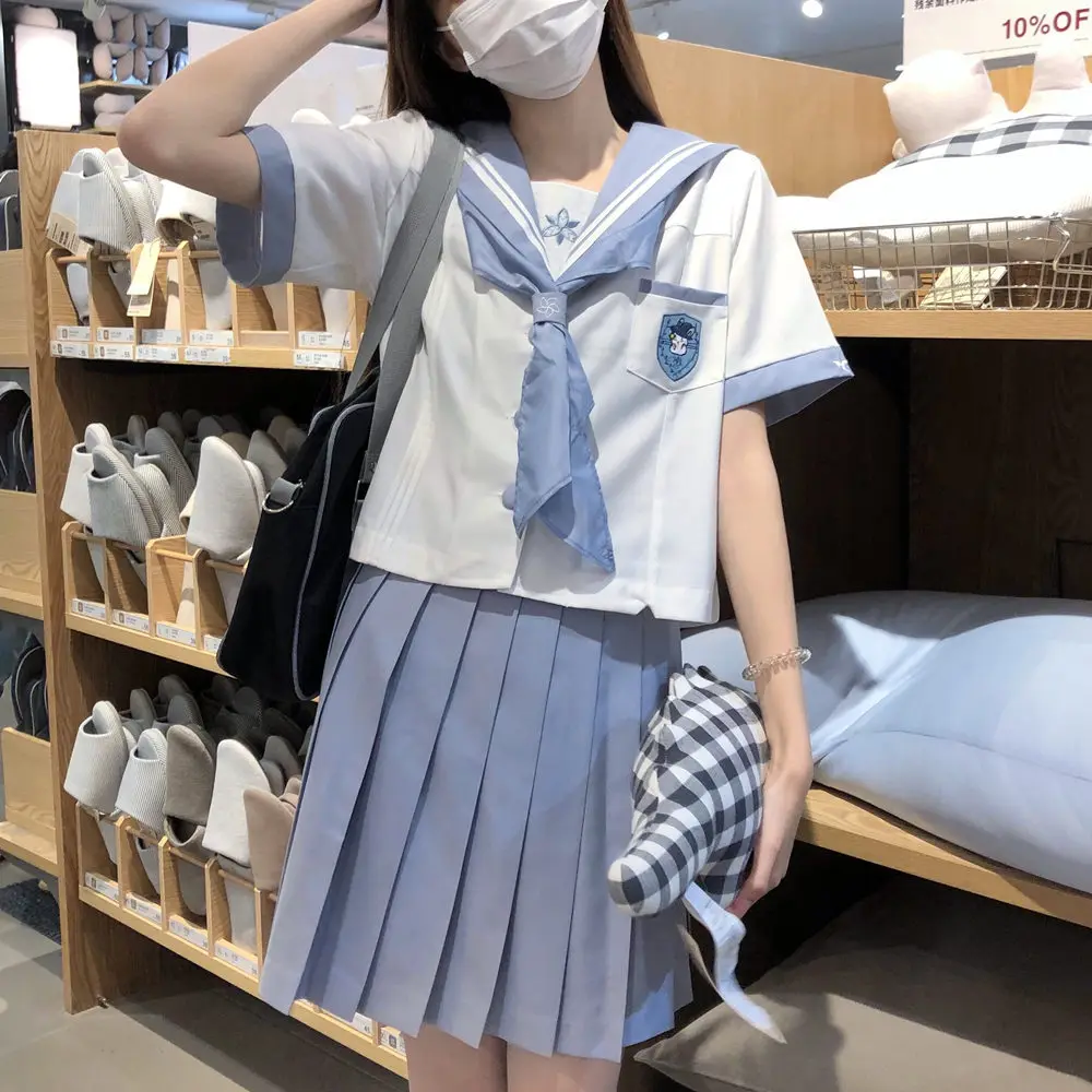 

High School Student Summer Sailor Outfit Japanese Women Seifuku Sailor Suit Korean School Jk Uniform Short Sleeves Leated Skirt