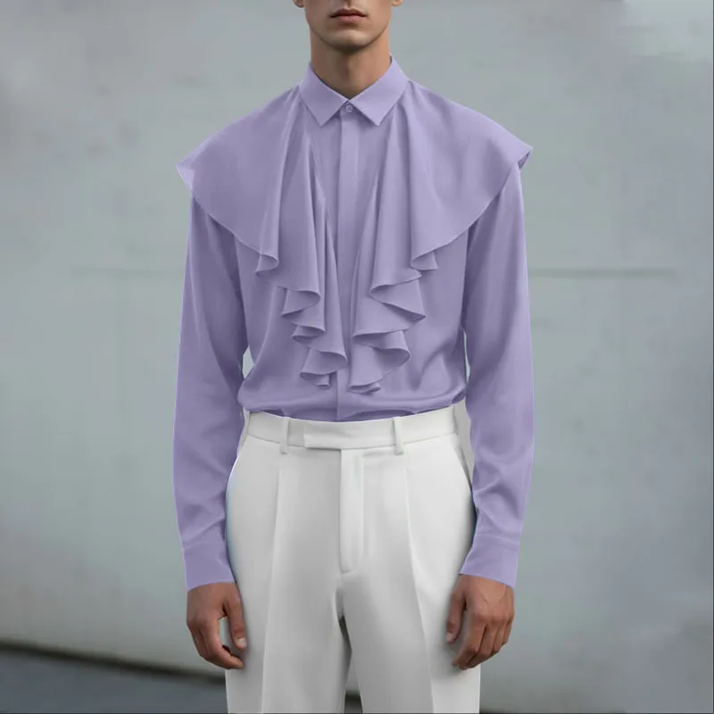 INCERUN قميص رجالي بلون واحد مكشكش وطية صدر السترة وأكمام طويلة ملابس رجالية غير رسمية ملابس خروج فضفاضة أنيقة ملابس علوية للرجال قمصان #2