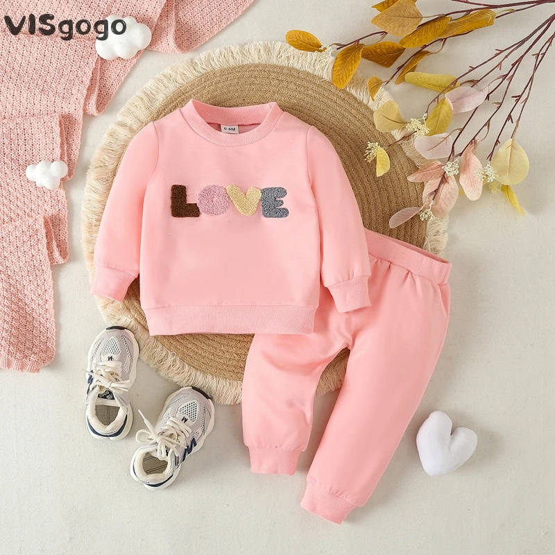 

VISgogo 0-3Y Boys Girls Spring Fall Outfits Letter Embroidery Crew Neck Long Sleeve Sweatshirts Elastic Waist Pants Clothes Set