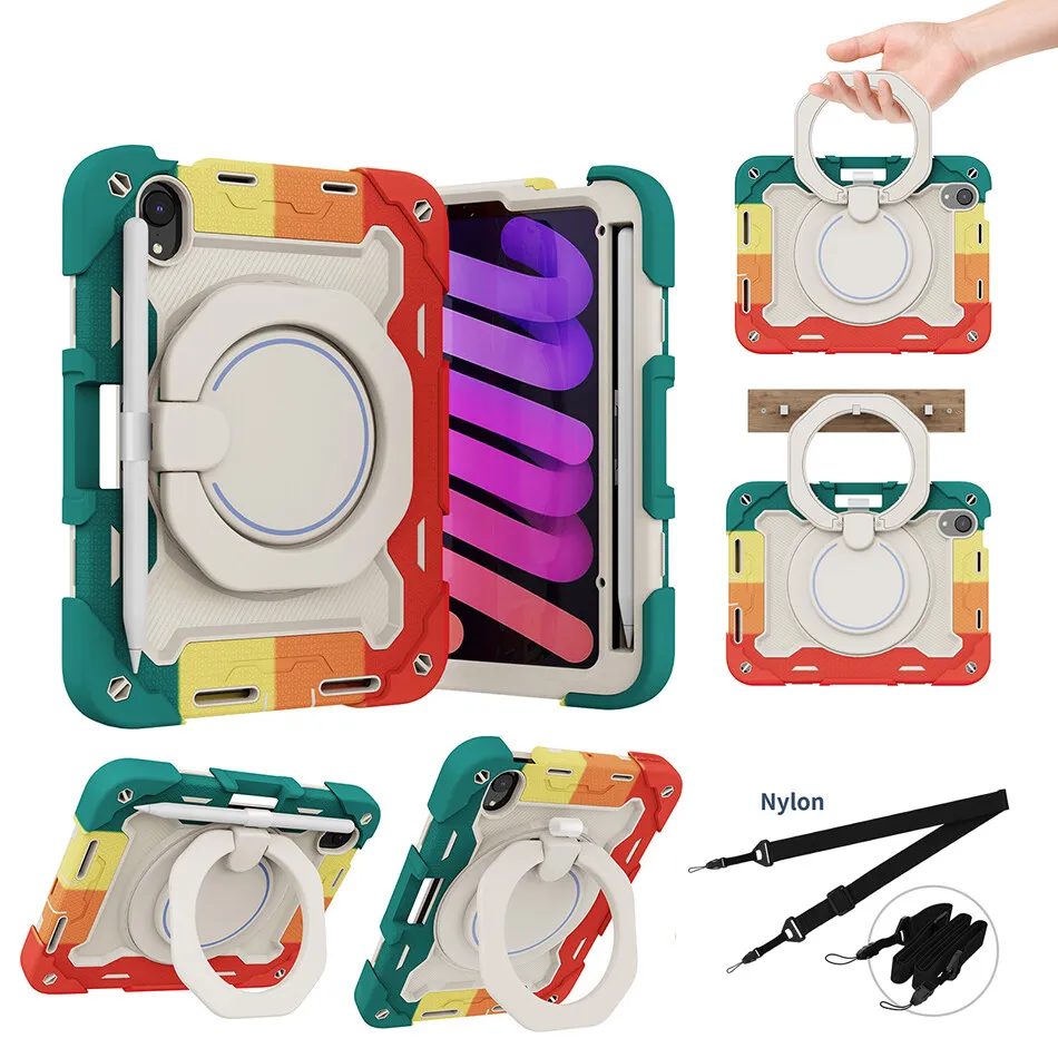 

Full Body Shockproof Case for iPad Mini 6 2021 Kids Safe Silicone Hard Back Cover with 360 Rotatable Kickstand Pen Slot+Strap