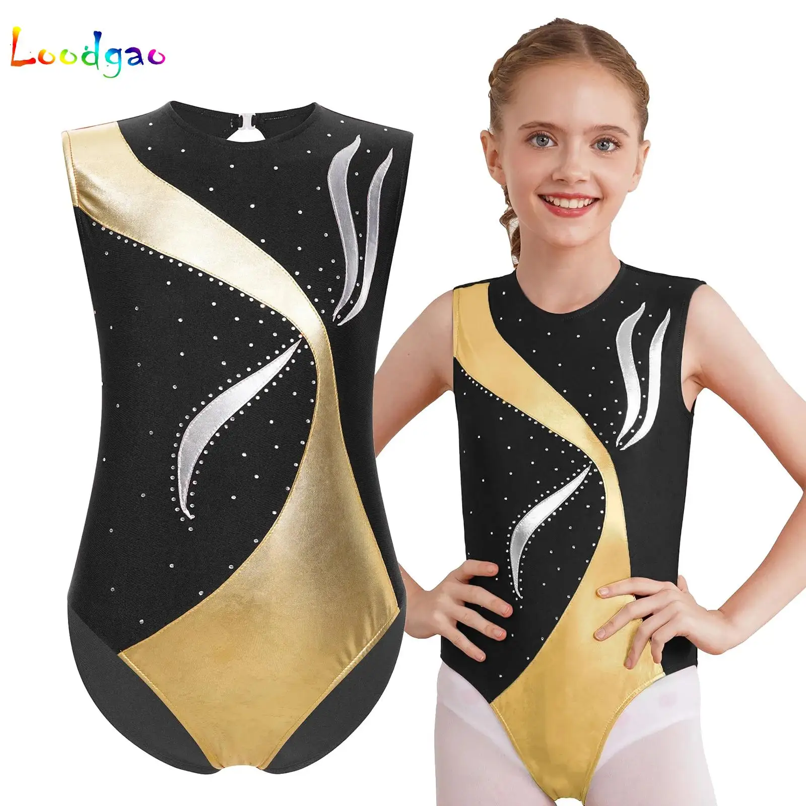 

Metallic Patchwork Tank Bodysuit Kids Girls Ballet Dance Gymnastics Leotard Figure Skating Performance Dance Training Wear
