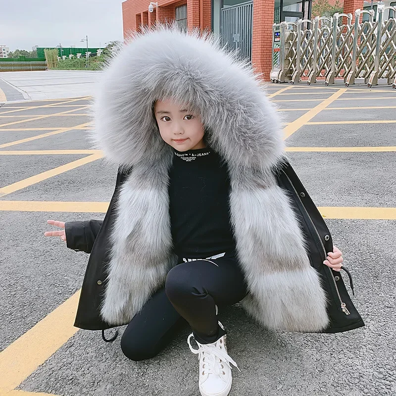 Boys Girls Fur Jacket Parkas Winter Faux Fur Liner Coat Children's Outerwear Imitation Fox Fur Hood Girls Jackets Coats TZ127