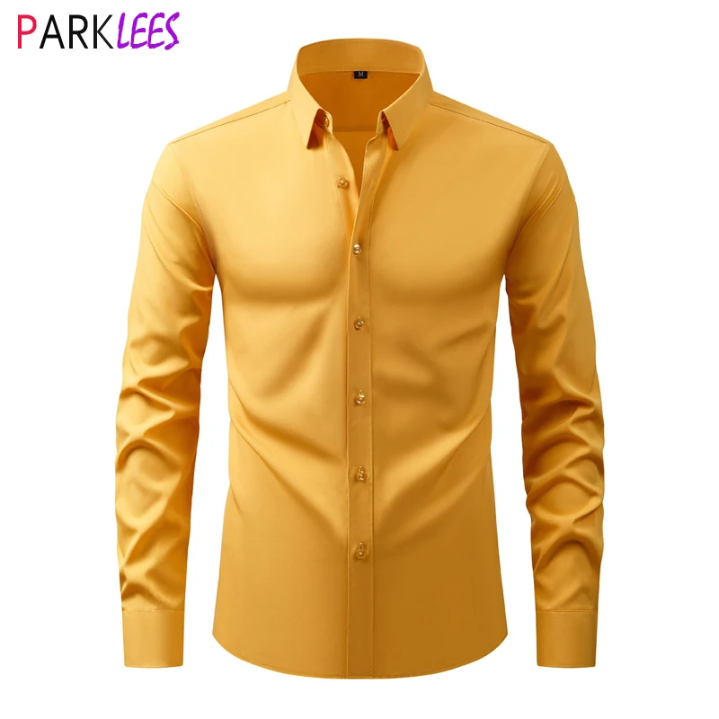 

Yellow Stretch Mens Dress Shirts 2024 Autumn New Slim Fit Long Sleeve Button Down Shirt for Men Casual Business Formal Chemise