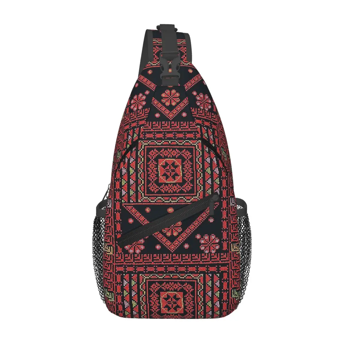 Three Flowers Palestinian Embroidery Chest Bag Men Sling Crossbody Backpack Chest Bag Travel Hiking Daypack Shoulder Bag