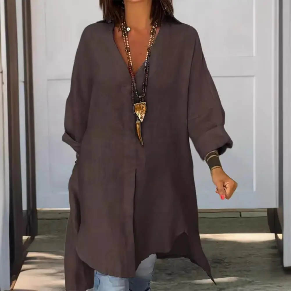 

V-neck Shirt Elegant V Neck Shirt Dress with Irregular Hem Long Sleeves Pullover Mini Dress for Women Stylish Lady for Commute