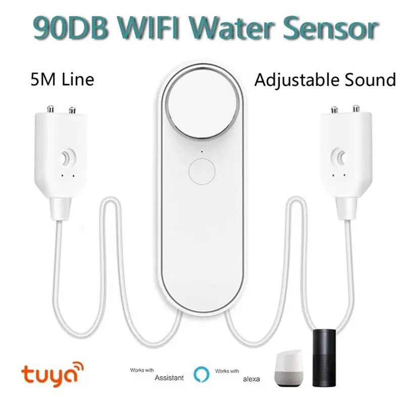【FAST-SALE】Flood Alert 5M Wifi Water Leak Detector 90DB Dual Sensor Smart Life APP Remote Monitoring Overflow Security