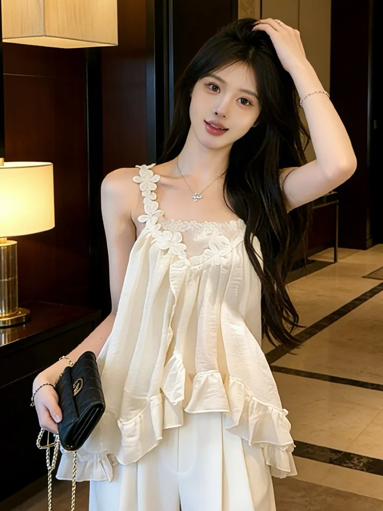 

Floral Strap Loose Fit Casual Vest Women's Summer Versatile Stylish Top Asymmetrical Unisex Polyester Fiber Citywalk