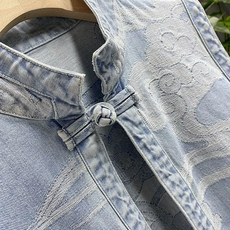 Denim Baggy Vests Vintage Chinese Style Sleeveless Cloud-printed Chic Stand Sweet Simple Aesthetic Students Gentle Jacket Top