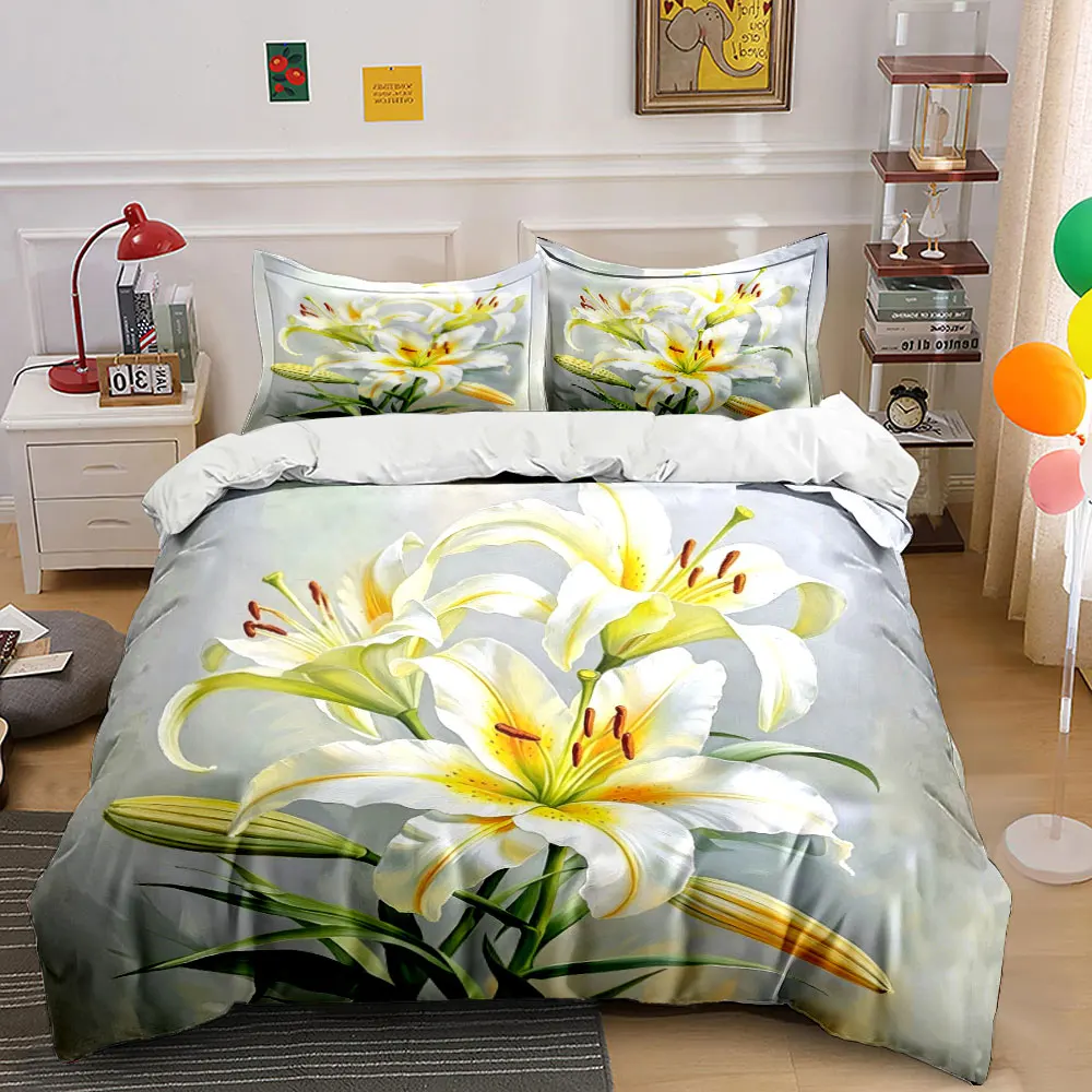 White Lily Flower Oil Painting Bedding Set, Fresh Watercolor Blooming Lilies Floral Print Duvet Set For Women Romantic Bedroom
