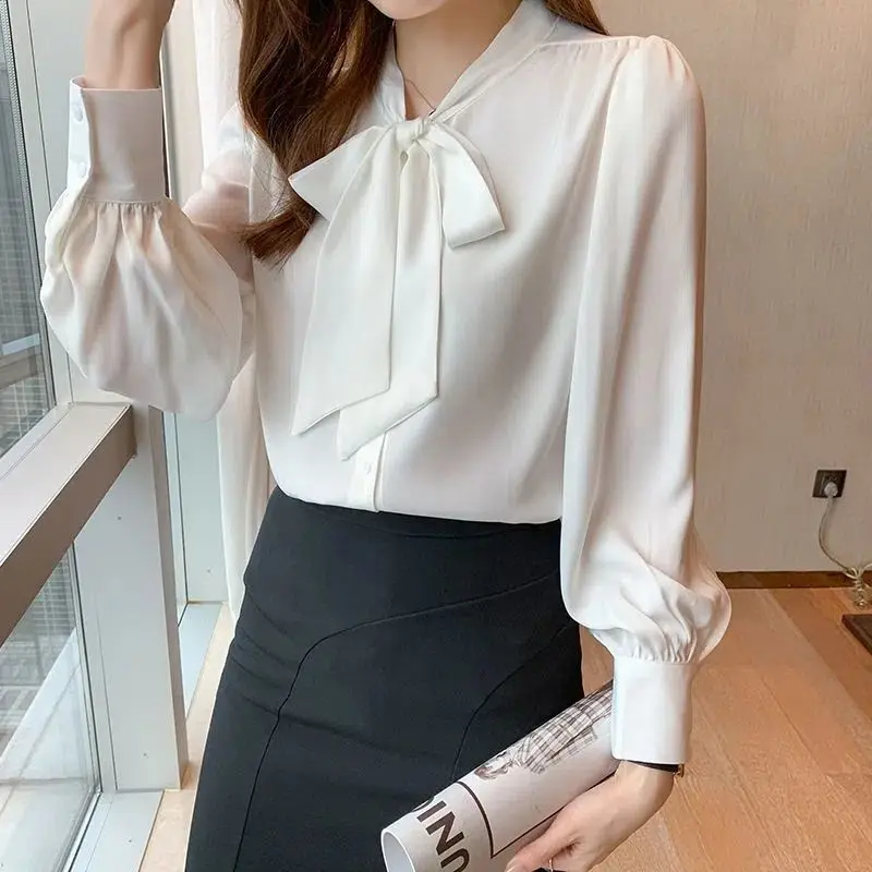 Spring and Summer New Women\'s Chiffon White Shirt Bow Single Breasted Fashion Casual Solid Color Loose Commuter Korean Version