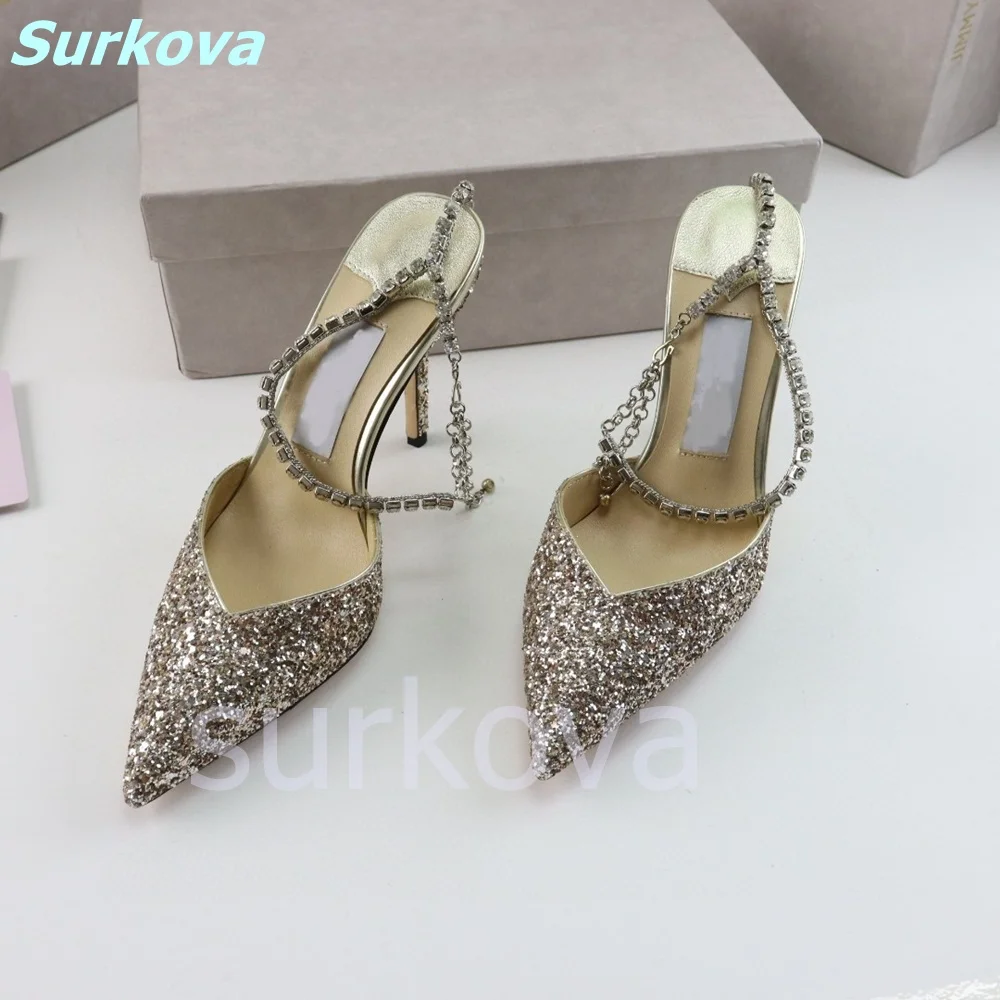 Hottest Rhinestone Sandals Pink Pointed Toe Slingbacks Bling Ankle Chain Women Shoes Beautiful Fashion High Quality Sexy Shoes