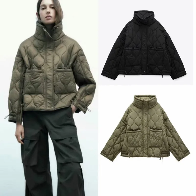 Women's Cotton Jacket 2024 Winter New Vintage Lenzing Rayon High Collar Large Pocket Decorative Quilted Parkas Coat For Women