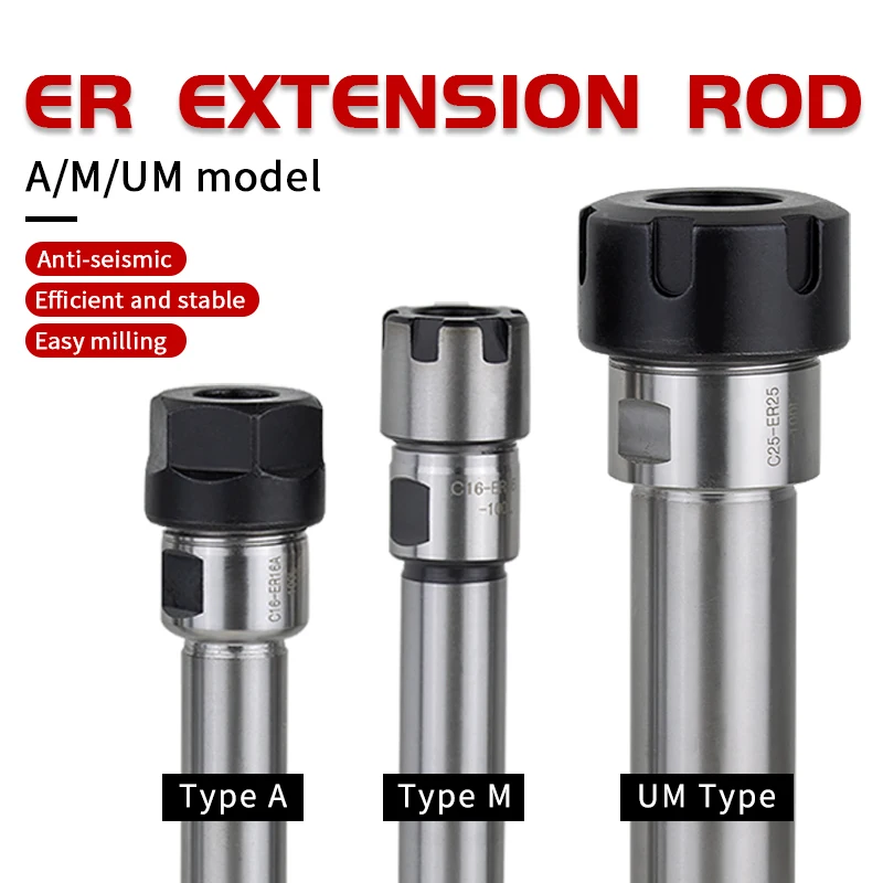 

Collet Chuck Holder C10/C12/C16/C20/C25/C32/C40 for ER8-ER25A/ER11-32M/UM Collet 100-200L Extension Straight Shank Extension rod