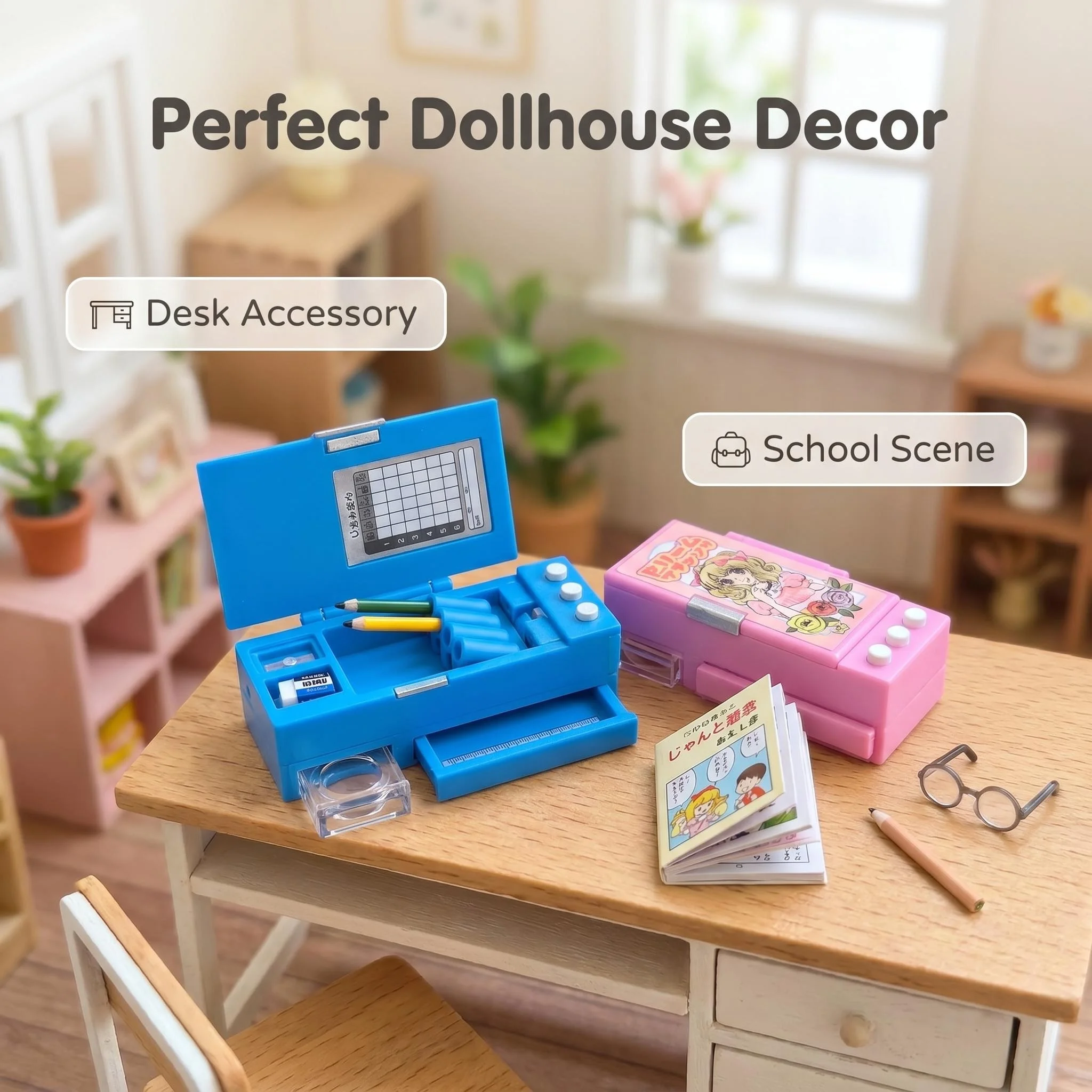 Miniature Multifunctional Pencil Case, Stationery Box, Ruler, Colored Pens, Miniature Props, Dollhouse Decoration and Photography Props, Toy House Decorations, Miniature Learning Stationery, Miniature Pens/Erasers/Rulers, School-Themed Toy Decorations, Holiday Gifts! Collectors' Items!