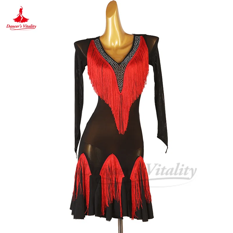 

Latin Dance Professional Dress for Women Spandex Long Sleeves Rumba Performance Costume Skirt Customsized Latin Tango Dresses