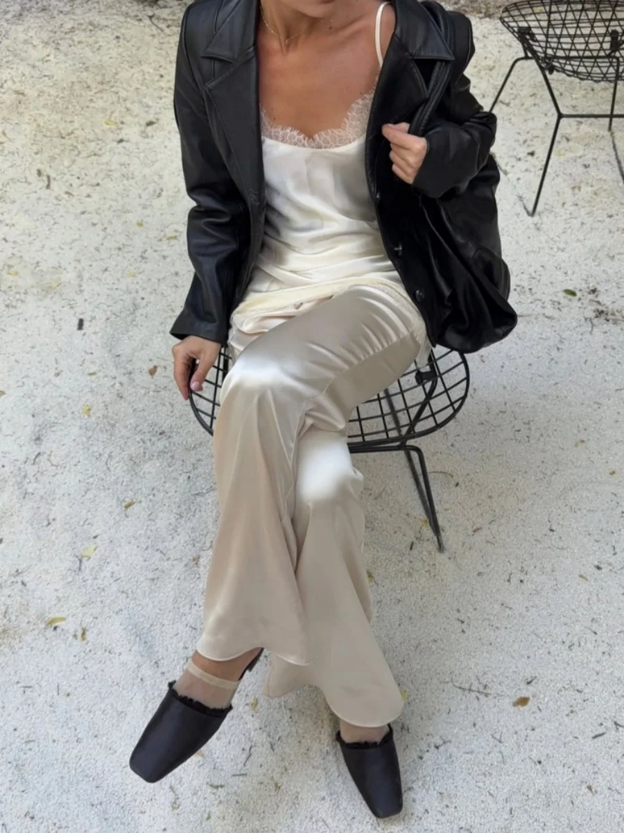 New Fashion Satin Silk Wide Leg Dress Pants for Women Low Rise Baggy Pants Y2K Holiday Party Long Flowy Trousers