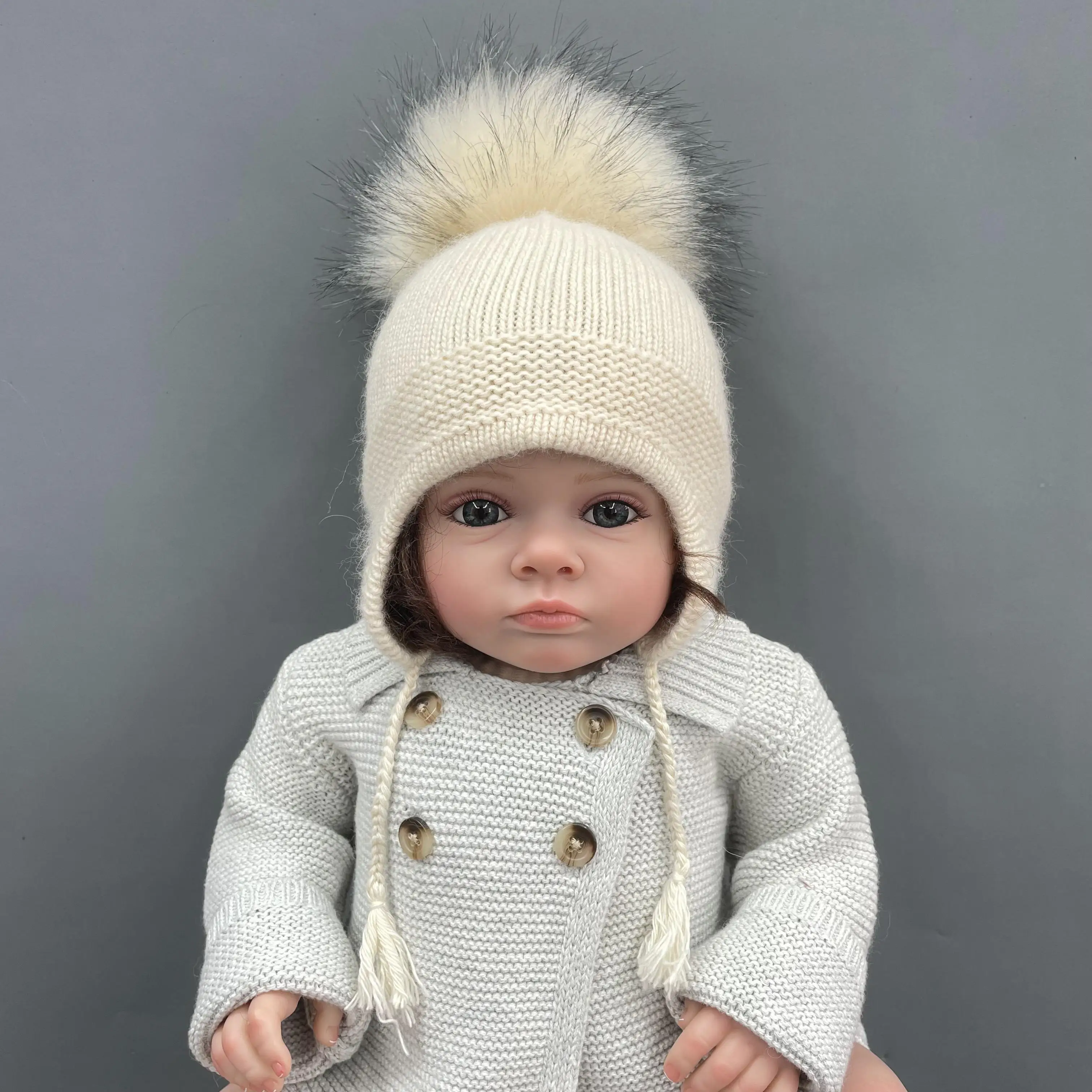 Janefur Newborn Infant Beanie Hat with Earflaps Angora Soft Warm 2022 Faux Fur Pom Pom Cap Cute Children Winter Bobble Hats 0-3Y