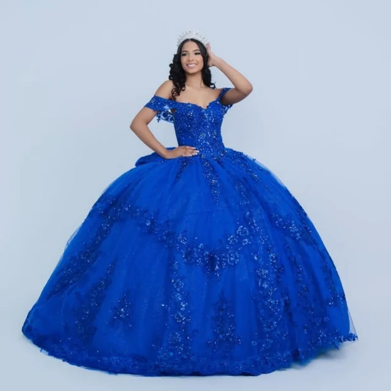 

Royal Blue Quinceanera Dresses off-shoulder Glitter flower Decal Crystal Long tail Bow Vestido De 15 Quinceanera Customize