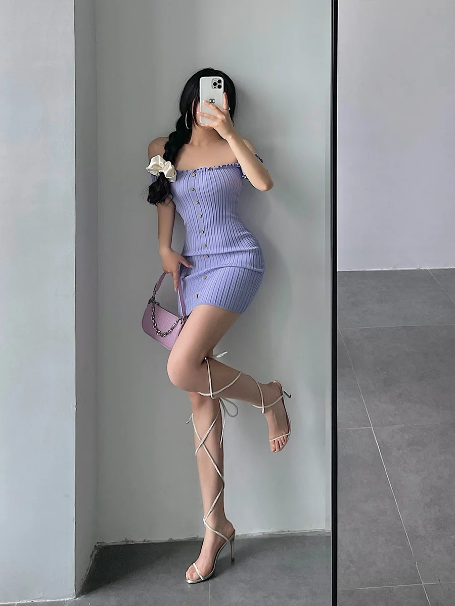 Pure Sexy Off Shoulder Lace Slim Knit Sweater Dress Slim Hip Wrap Mini Dresses Fashion Women Tops  K030