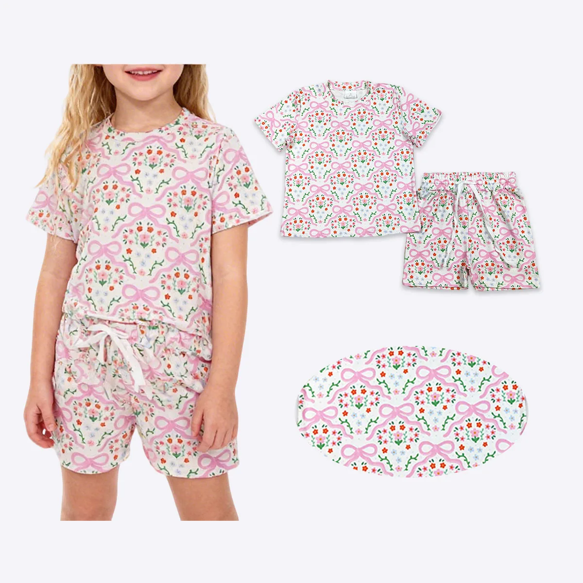 

Cute Baby Girl Short Sleeve Bows Flowers Checked Top Kids Shorts Slouchy Set Children Clothing Infant Toddler Outfits Wholesale
