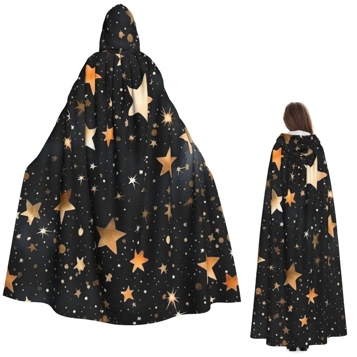 الأزرق الداكن السماء والنجوم طباعة طويلة مقنعين عباءة الساحرة القرون الوسطى زي تأثيري كيب HalloweenParty الكبار للجنسين