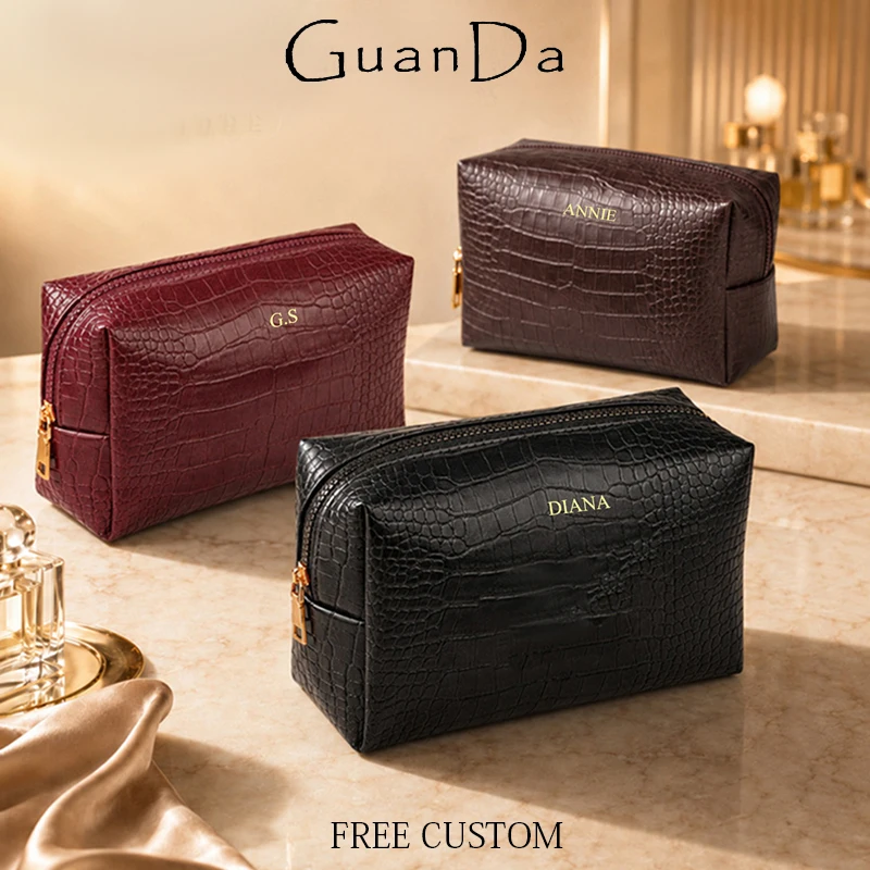 Luxury Crocodile Leather Pattern Cosmetic Bag DIY Name Woman Portable Travel Make Up Bag Large Capacity Storage Bag Fashion Gift
