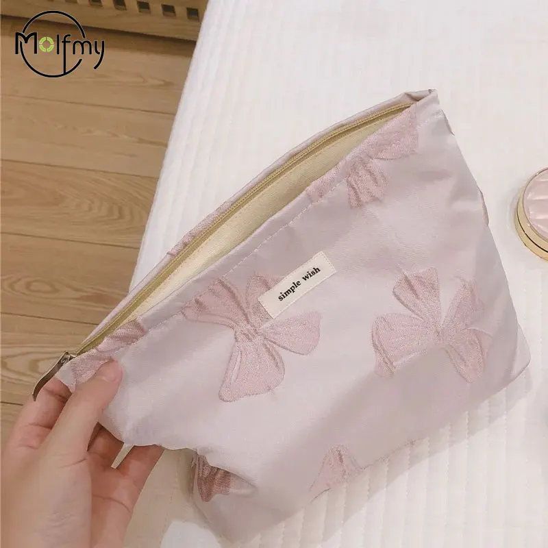 Trousse de maquillage avec nœud rose pour femme, rouge à lèvres à grande capacité, coussin d'air, sac de rangement pour téléphone portable, sacs à cosmétiques en toile portables