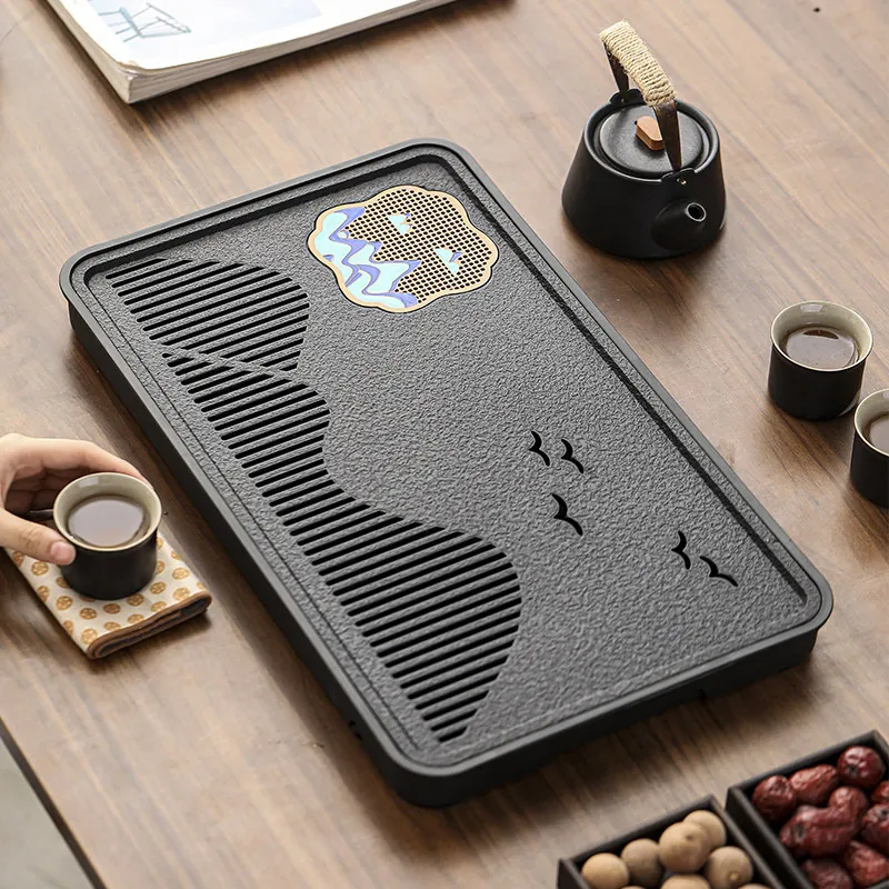 Black Stone Textured Tea Tray with Water Tank Chinese Landscape Embedded Metal Decoration Drained Tea Ceremony Kung Fu Tea Tray