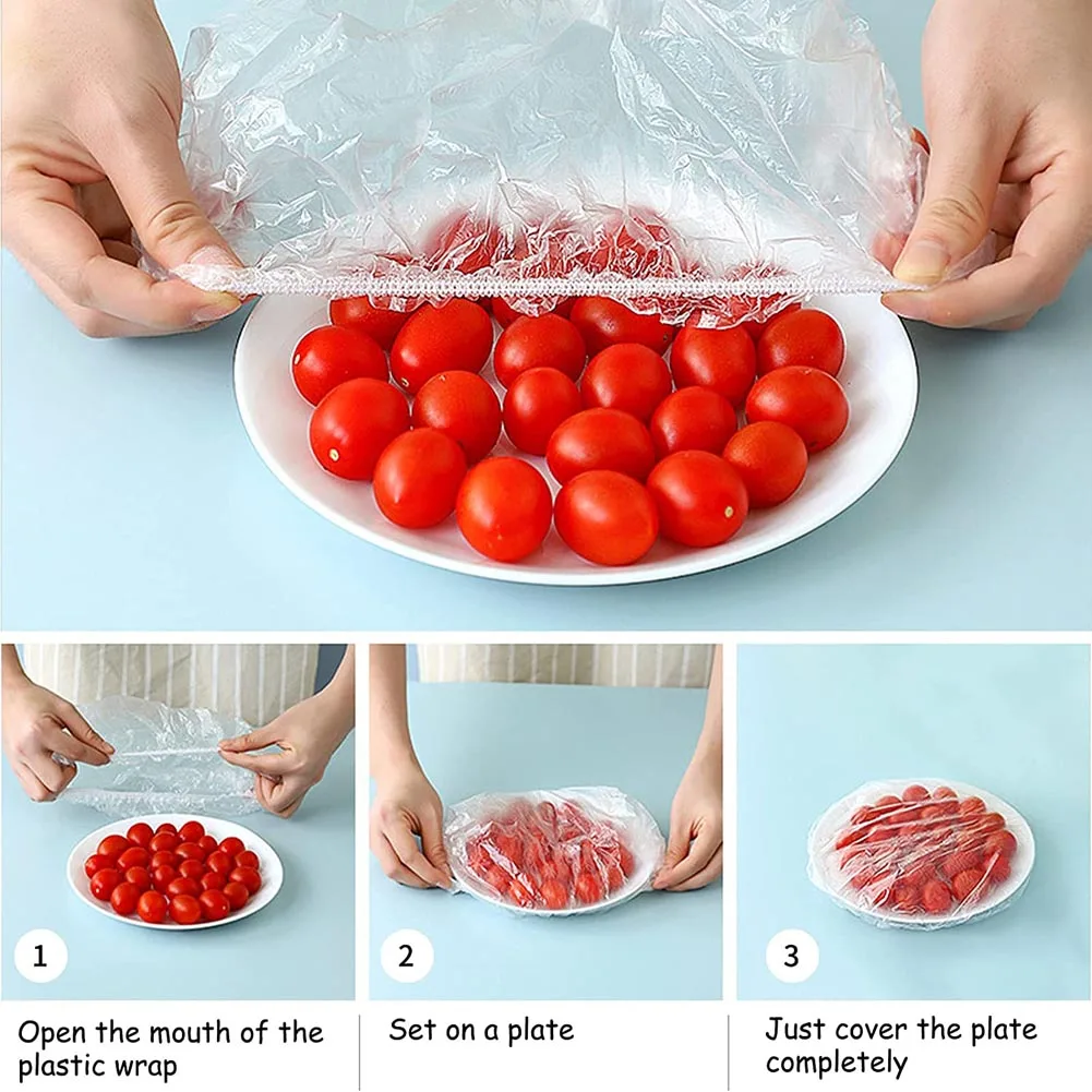 100Pcs Wegwerp Voedsel Cover Plastic Wrap Elastische Voedsel Deksels Voor Fruit Kommen Kopjes Caps Opslag Keuken Fris Houden Saver tas