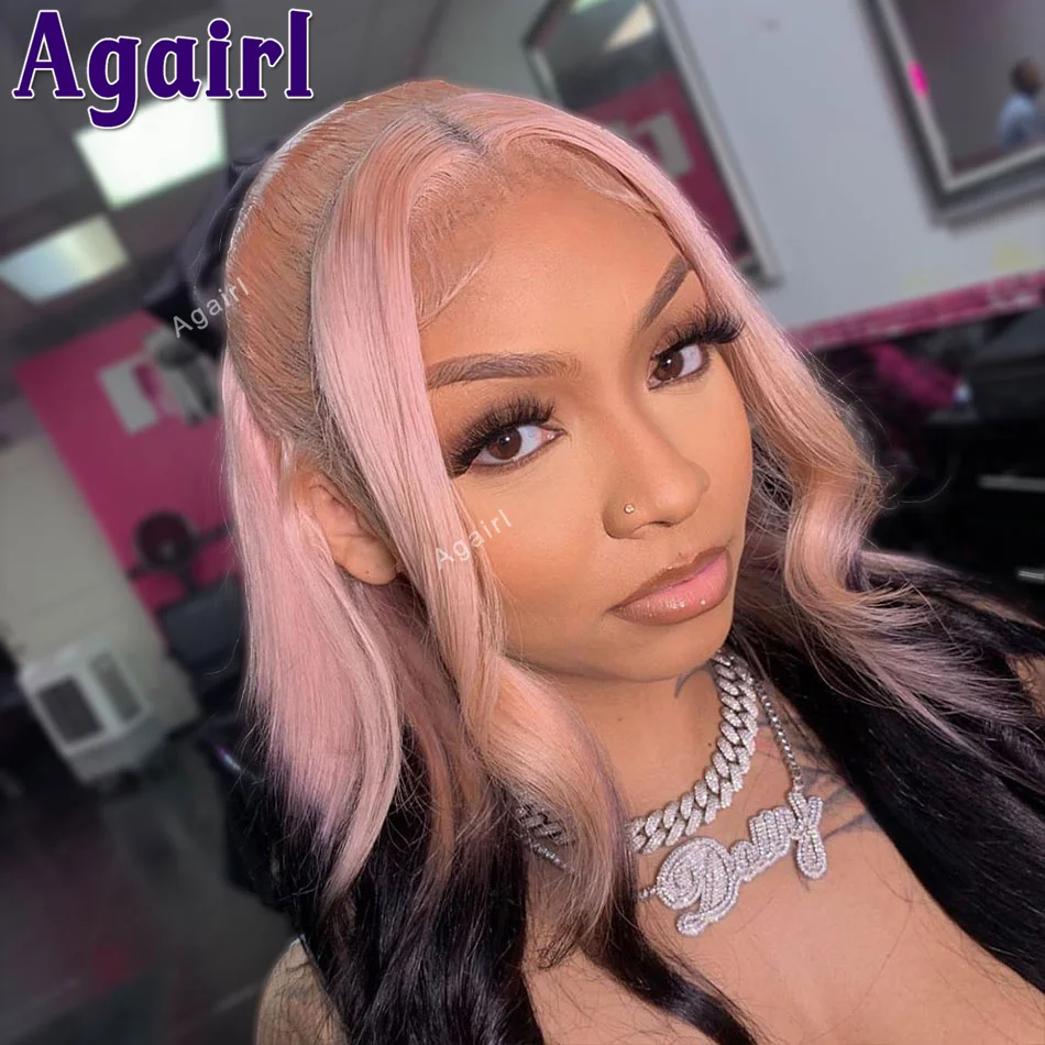 Perruque Lace Front Wig Body Wave naturelle, cheveux humains, pre-plucked, pre-plucked, noir, transparent, racines roses, 13x6, 13 age, 200%, pour femmes