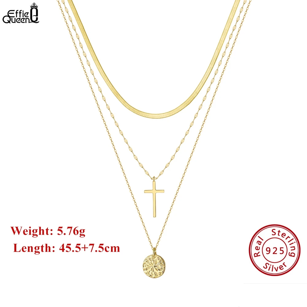 EFFIE QUEEN 925 Sterling Silver 3 Layer Cable Paper Clip&Snake Chain Choker Cross Round Pendant Necklace Jewelry for Women BQN08