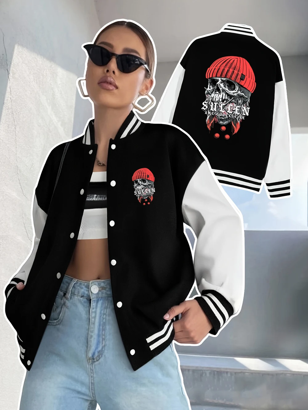 Sullen Skull Heads Printing Coats Womens Street Loose Baseball Jersey Winter Fleece Warm Jackets Casual Pocket Womans Clothes