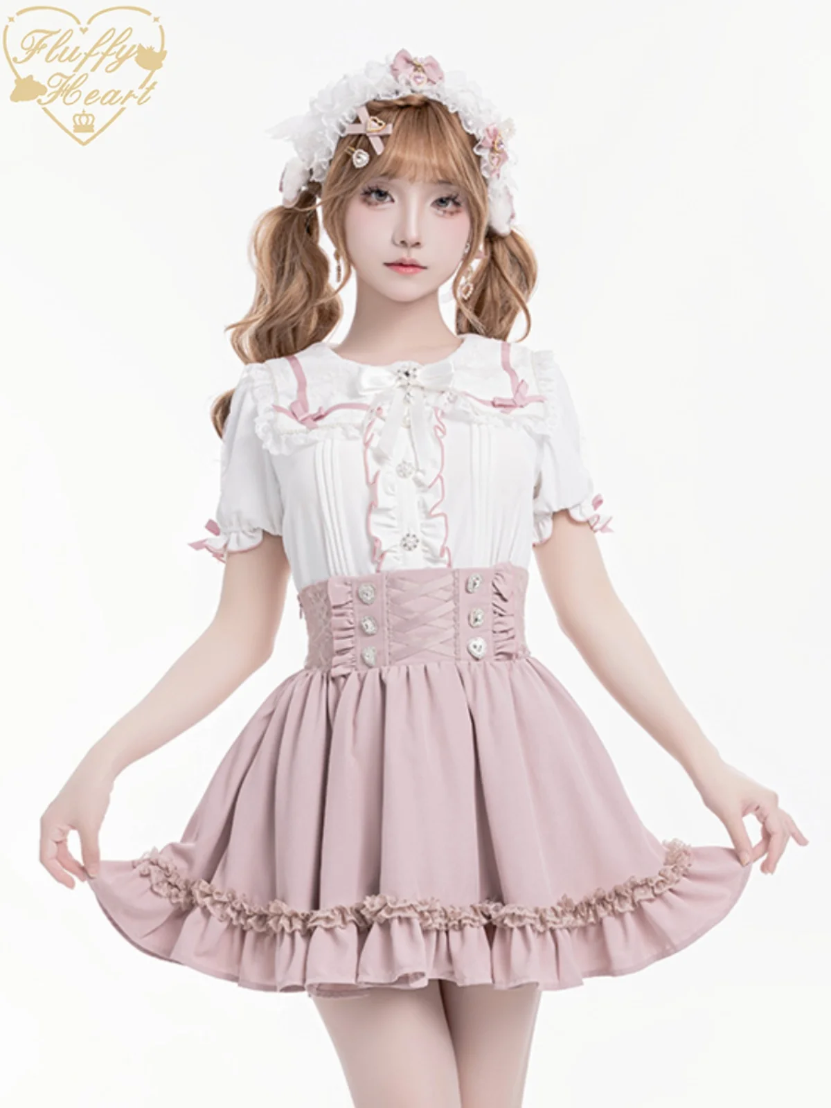 Japanese Mine Style Mass-produced High Waist Lace-up Slim Lace Splicing Y2k Skirts Love Diamond Buckle Sweet Pleated Skirt Women