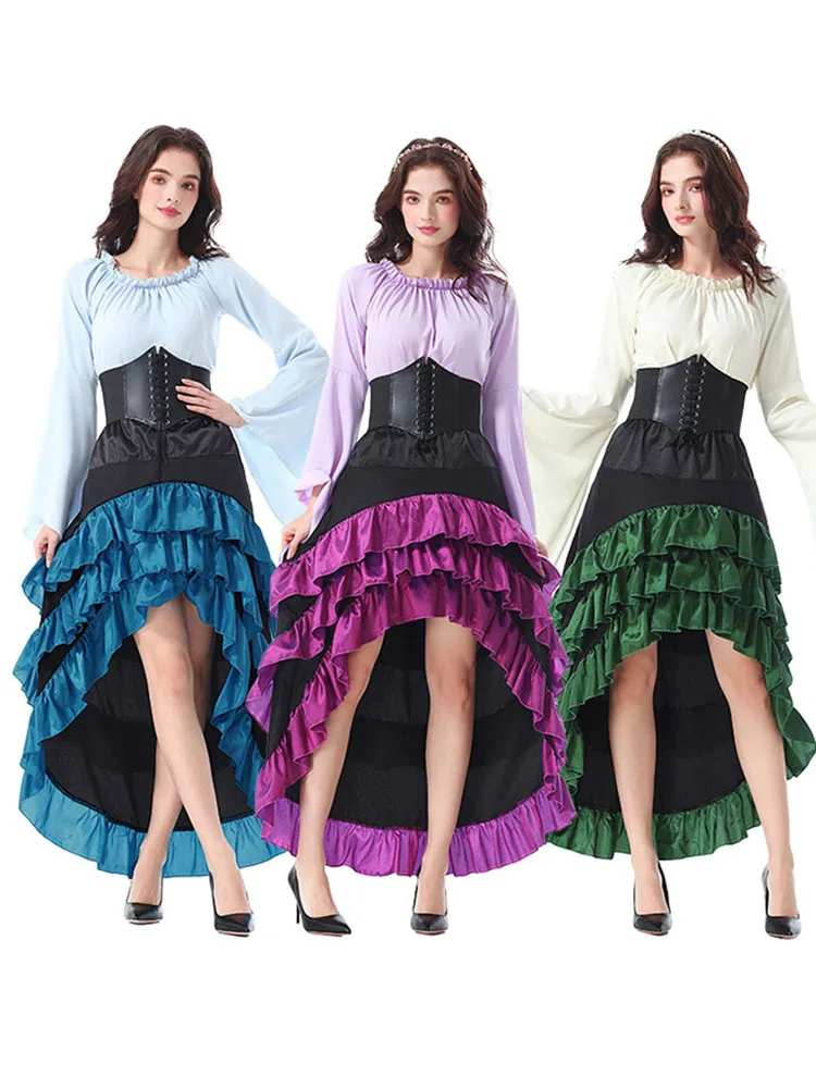 

Средневековая пиратская юбка с застежкой на талии, костюм для выступлений на Хэллоуин, длинная юбка со складками спереди или ба, длинная с кружевом на...