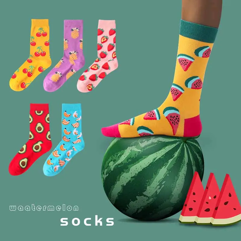 Unisex Women Men Socks Cotton Funny Happy Sock Cartoon Fruit Watermelon Strawberry Cherry Banana Pineapple Cotton Stocking