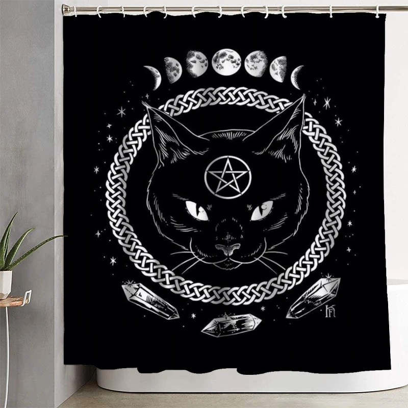 Satanic Cat Pentagram Death Black Metal Durable Bathroom Curtains Waterproof Polyester Fabric Shower Curtains with 12 Hooks