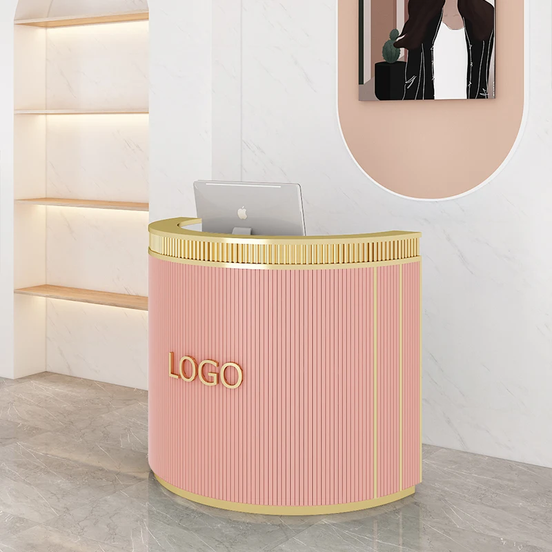 Mostrador de recepción pequeño para salón de belleza, personalizado, de lujo, con acero inoxidable