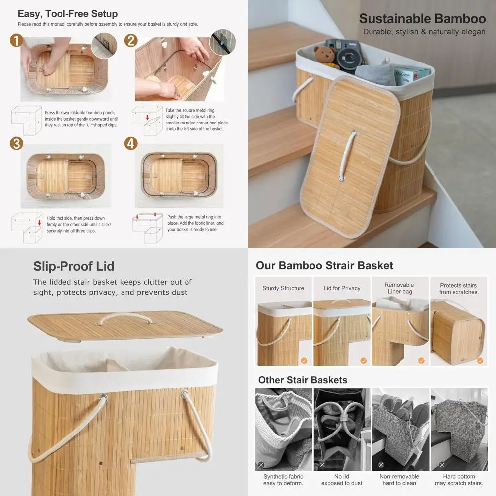 

Бамбуковая корзина-органайзер для лестницы с крышкой и ручкой для хранения лестниц, складная корзина-ступенька для игрушек, обуви, книг