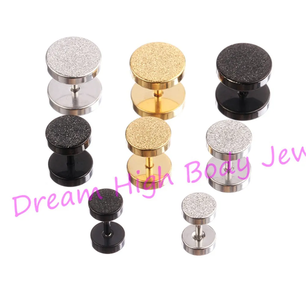 

Earring Straight Barbells Round Ear Stud Black Steel Frosted Newest 6mm 8mm 10mm Punk Fake Ear Expander