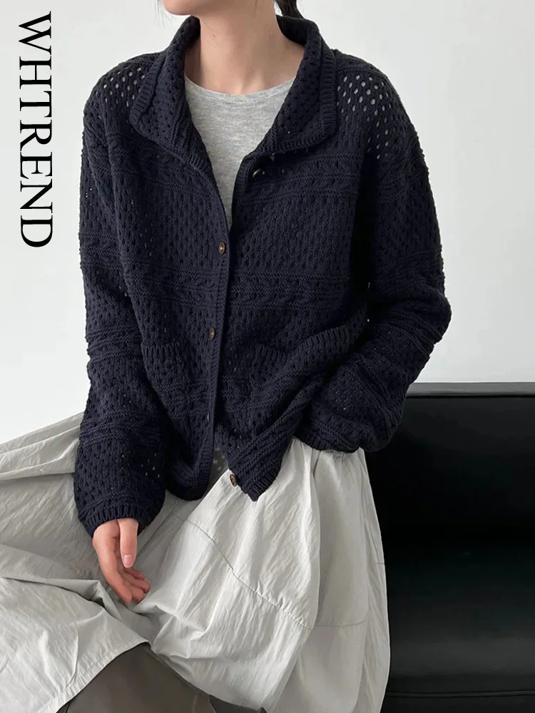 WHTREND 여성용 홀로 니트 가디건 2025 가을 신상품 턴다운 칼라 긴팔 스웨터 탑 WH1270