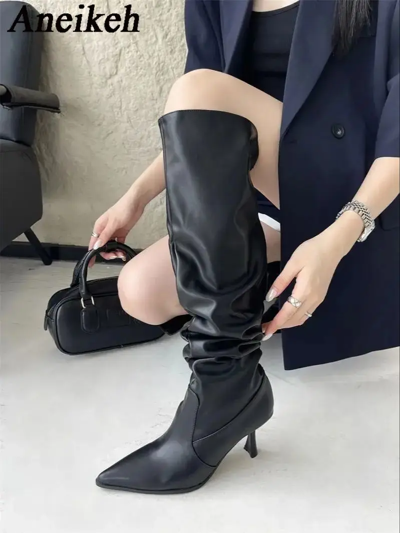 Aneikeh Concise Pleated Pointed Toe Leather Thigh High Heels Knee-High Long Boots Fashion Street Style Female Shoe Spring/Autumn