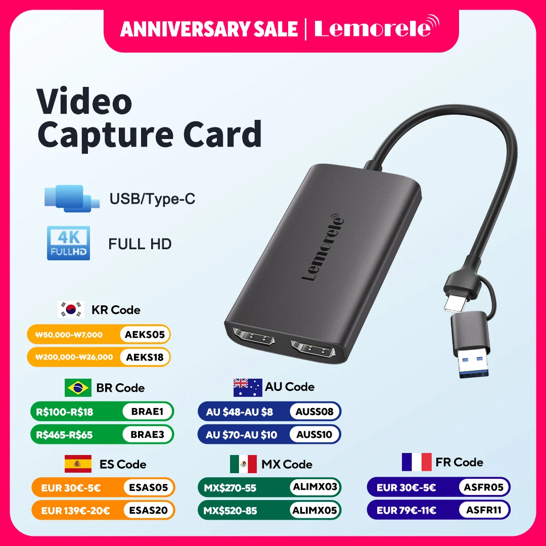 

Lemorele Video Capture Card 4K HDMI-Compatible to USB/Type-C Live Streaming Recording Card Video Recorder for Switch Xbox PS4/5