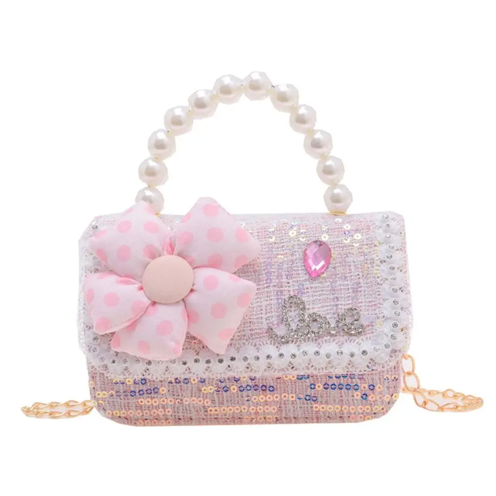 Mini Pearl Sequin Coin Carteiras para meninas, Princess Shoulder Bags, Flower Purse para crianças, Novo