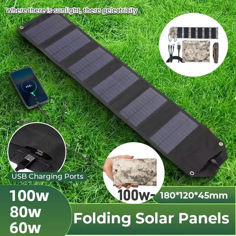 

100W 80W 60W Foldable Solar Panel 5V USB Portable Folding Bag Battery Charger for Phone Outdoor Camping Waterproof Power Bank