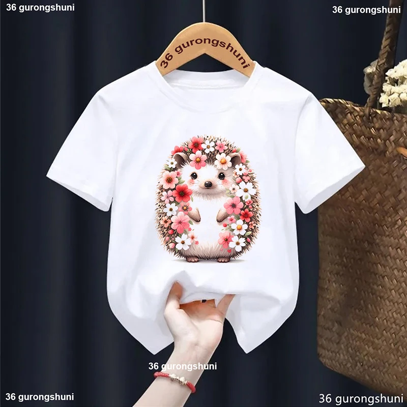 Camiseta con estampado de erizo de flores para niñas, ropa Harajuku Kawaii para niños, camiseta de manga corta de verano