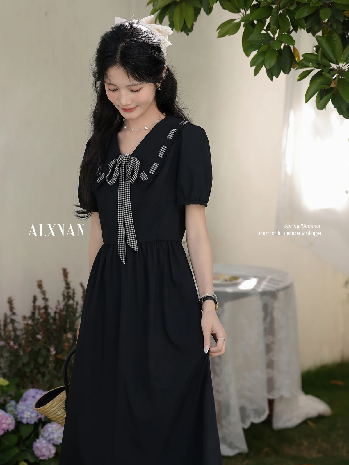 ALXNAN Black Long Dress Vintage Elegant V-neck Casual Holiday Women's Midi Dress 2025 Short Sleeve Clothing Ladies L55706