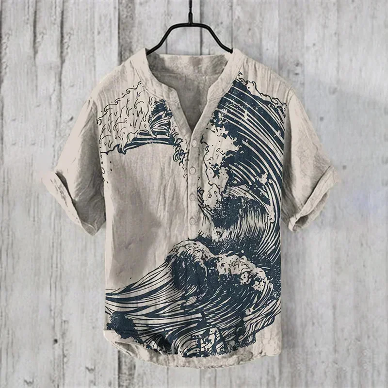 2025 Summer European and American Retro Style Popular Linen Shirt Men's Short Sleeve Button V Neck Hawaiian Shirt High Quality