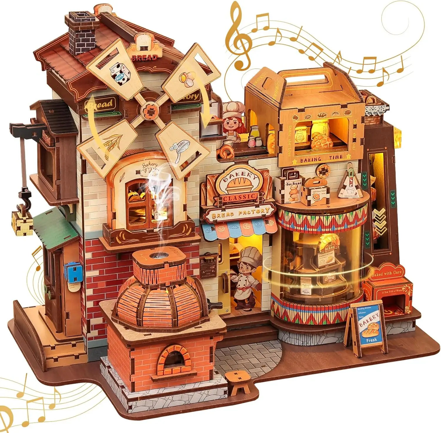 Book Nook, 3D Wooden Puzzle for Adults,576 Pcs (Bread Factory) | Diorama Kit with Music Box,LED Light, Atomization Smoke, Type-C
