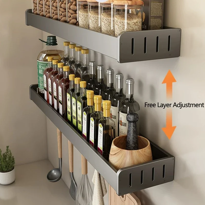 Wall Mounted Kitchen Condimenters Spice Rack Organizer Shelf Kitchen Storage Wall Shelf Organizers Hanging Hook Rack For Kitchen