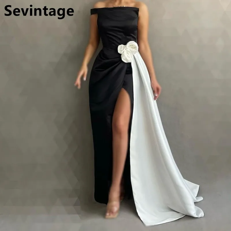 

Sevintage Black And White Satin Prom Dress Sexy Slit Evening Dress Women Formal Party Gown Robe De Soirée